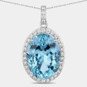 Pre Owned 9.11 cts Aquamarine and Diamond 14K White Gold Halo Pendant