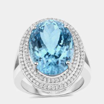 Pre Owned 12.44 cts Aquamarine and Diamond 14K White Gold Halo Ring US Size 7