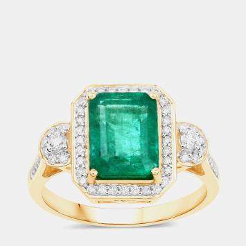 Pre Owned 2.56 cts Zambian Emerald and Diamond 14K Yellow Gold Statement Ring US Size 7