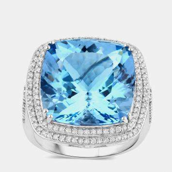 Pre Owned 12.80 cts Aquamarine and Diamond 14K White Gold Halo Ring US Size 7