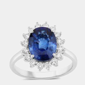 Pre Owned 4.06 cts Ceylon Blue Sapphire and Diamond 18K White Gold Halo Ring US Size 7