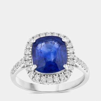 Pre Owned 4.35 cts Ceylon Blue Sapphire and Diamond 18K White Gold Halo Ring US Size 7