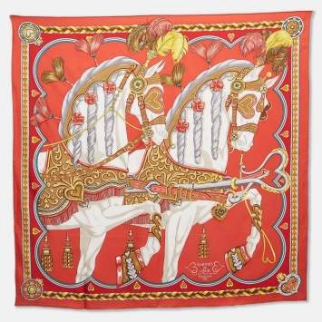 Pre Owned Hermes Orange Silk Harnais de Coeur scarf