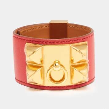 Pre Owned Hermès Collier De Chien Red Leather Gold Plated Bracelet