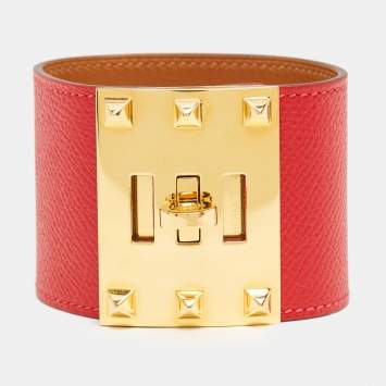 Pre Owned Hermès Kelly Dog Red Leather Gold Plated Bracelet