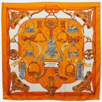 Pre Owned Hermes Orange Silk Twill Etriers Scarf 