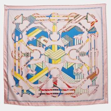 Pre Owned Hermès Pink/Yellow Printed Silk Double Face Tatersale En Zigzag Scarf