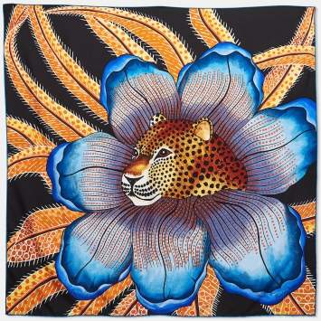 Pre Owned Hermès Blue Printed Silk Baobab Cat Square Scarf