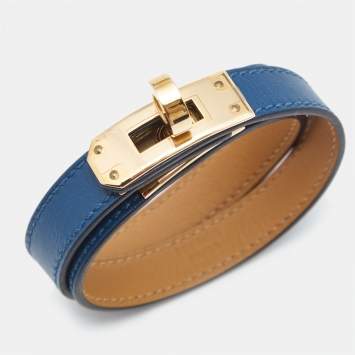 Pre Owned Hermes Kelly Double Tour Navy Blue Leather Gold Plated Bracelet