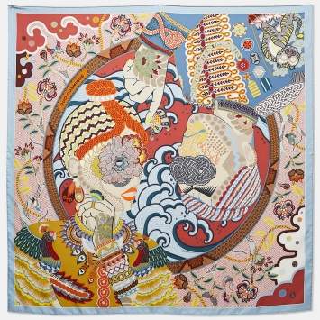Pre Owned Hermès Bleu Ciel/ Brique Duo Cosmique Silk Scarf 