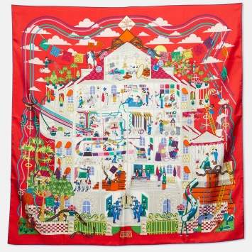 Pre Owned Hermes Red La Maison Des Carrés Silk Scarf