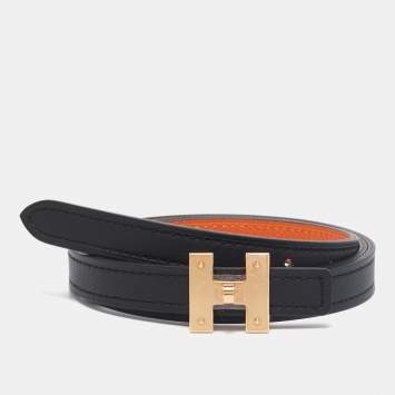 Pre Owned Hermes Noir/Orange Swift and Epsom Leather H Buckle Reversible Belt 75 CM
