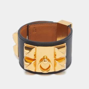 مملوكة مسبقًا Hermes Collier de Chien Black Leather Gold Plated Cuff Bracelet