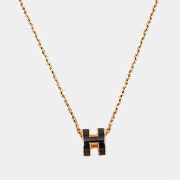 Pre Owned Hermes Mini Pop H Enamel Gold Plated Necklace