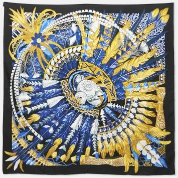 Pre Owned Hermes Black Danse Pacifique Print Silk Twill Scarf 