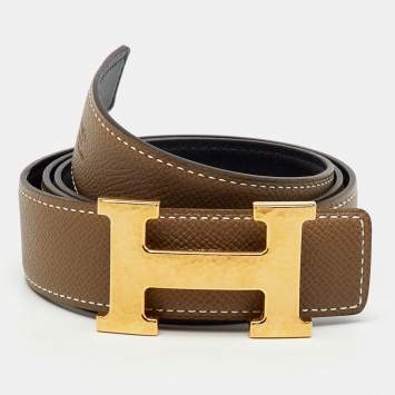 Pre Owned Hermes Etain/Black Epsom and Swift Leather H Buckle Reversible Belt 85CM