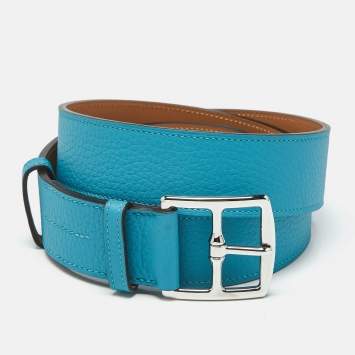 Hermes Blue Zanzibar Taurillon Clemence Leather Etriviere Belt Size 95 CM
