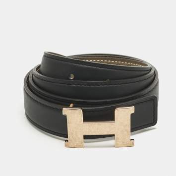 Pre Owned Hermes Etoupe/Noir Epsom and Swift Leather H Martelee Buckle Reversible Belt 85 CM