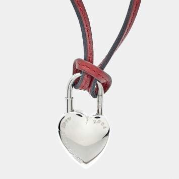 Pre Owned Hermès  Heart Leather Silver Tone Necklace