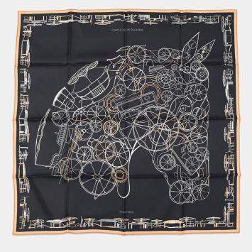 Pre Owned Hermes Carre Complication Equestre Size 90 Black/Abricot/White Silk100%