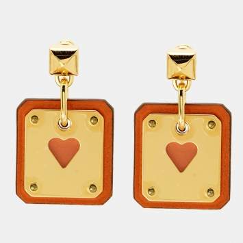 مملوكة مسبقًا Hermès As De Coeur Drop Leather Gold Plated Earrings