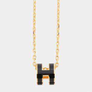 Pre Owned Hermes Pop Ash Necklace Size Mini Black Gold Plated Lacquer