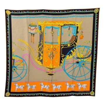 Pre Owned Hermes Beige & Black Coupe de Gala Washed Silk Scarf