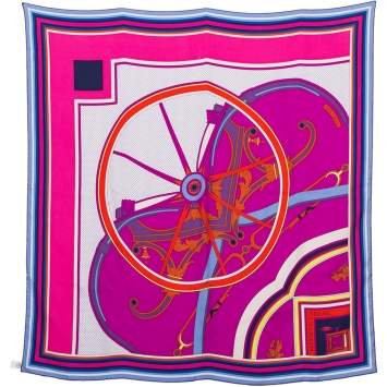 Pre Owned Hermes Fuschia Washington's Carriage Detail Washed Silk Scarf