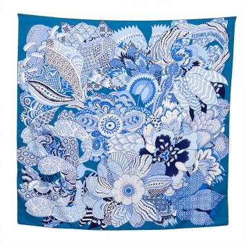 Pre Owned Hermes Blue Fleurs D'Indiennes Silk Scarf