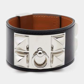 Pre Owned Hermes Collier De Chien Leather Palladium Plated Cuff Bracelet T3