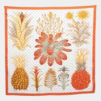 مملوكة مسبقًا Hermes Orange/White Index Bromeliaceae Print Silk Square Scarf