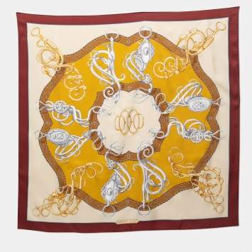Pre Owned Hermes Brown/Cream Lift Profile Printed Silk Square Scarf