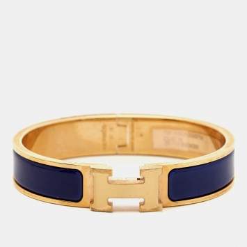 Pre Owned Hermes Clic H Blue Enamel Gold Plated Cuff Bracelet