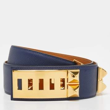 Pre Owned Hermes Bleu Saphir Epsom Leather Collier De Chien Belt 90CM