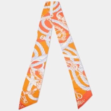 Pre Owned Hermes Orange/Bleu Della Cavalleria Silk Maxi Slim Twilly