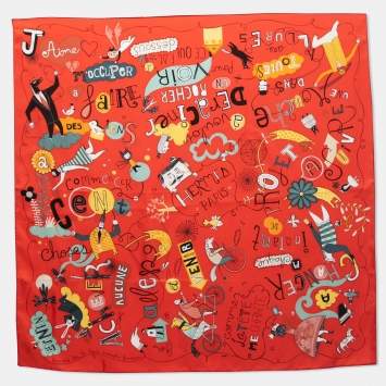 Pre Owned Hermes Red Les Confessions Printed Silk Square Scarf