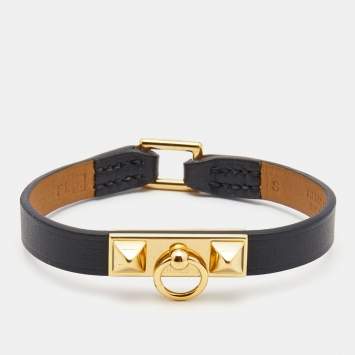 Pre Owned Hermès Micro Rivale Black Leather Gold Plated Bracelet