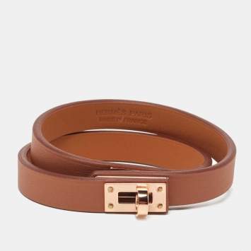 Pre Owned Hermes Light Brown Leather Gold Plated Mini Kelly Double Tour Bracelet