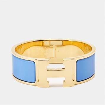 Pre Owned Hermes Clic Clac H Blue Enamel Gold Plated Bracelet