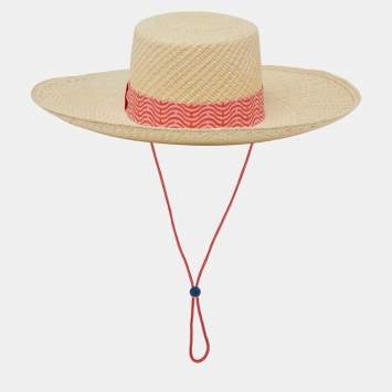 Pre Owned Hermes Beige Panama Chevron Trim Straw Elettra Hat Size 56