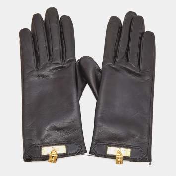 Pre Owned Hermes Noir Leather Soya Kelly Lock Gloves Size 7