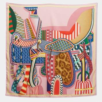 Pre Owned Hermès Pink Print Silk La Selle Imaginaire Scarf