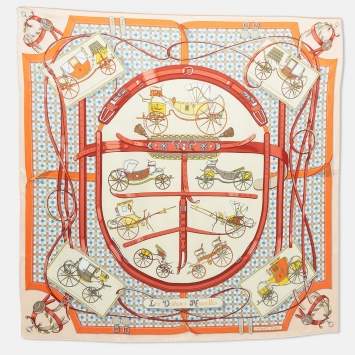 Pre Owned Hermes Orange Silk Les Voitures Nouvelles Scarf 