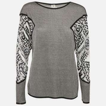 Pre Owned Hermes Black Printed Silk and Silk Knit Mosaique du Faubourg Top M