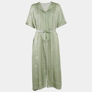 Pre Owned Hermès Green Printed Silk Belted Maxi Dress M