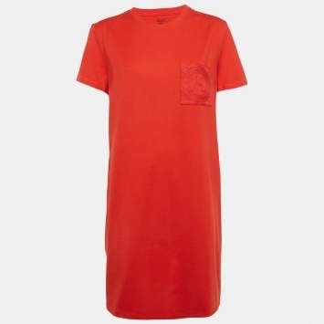 Pre Owned Hermès Red Pocket Embroidered Jersey T-Shirt Dress L