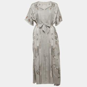 Pre Owned Hermes Grey Printed Silk Belted Maxi Dress M