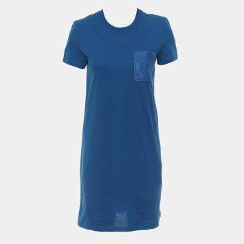 Pre Owned Hermes Blue Cotton, Elastane Embroidered Pocket Short Sleeve Dress Size S