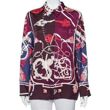 Pre Owned Hermes Multicolor Silk Cles et Badines Printed Classic Shirt L