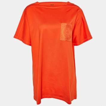 Pre Owned Hermes Orange Embroidered Pocket Detail Cotton Knit T-Shirt M